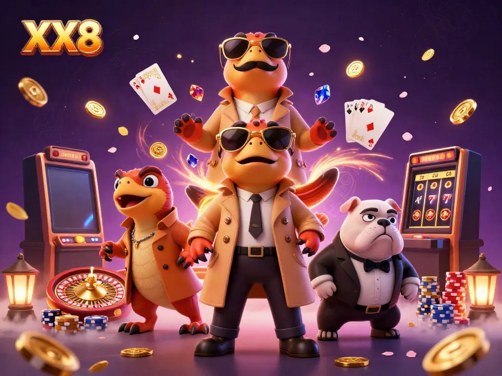 Experience XX8's thrilling casino atmosphere with cartoon raptors, jewels, and golden coins.