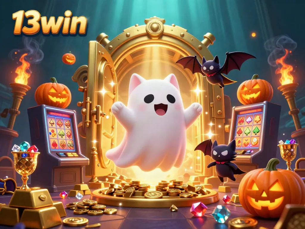 Experience the excitement of 13win with imagery featuring a ghost cat and treasures in a haunted casino.