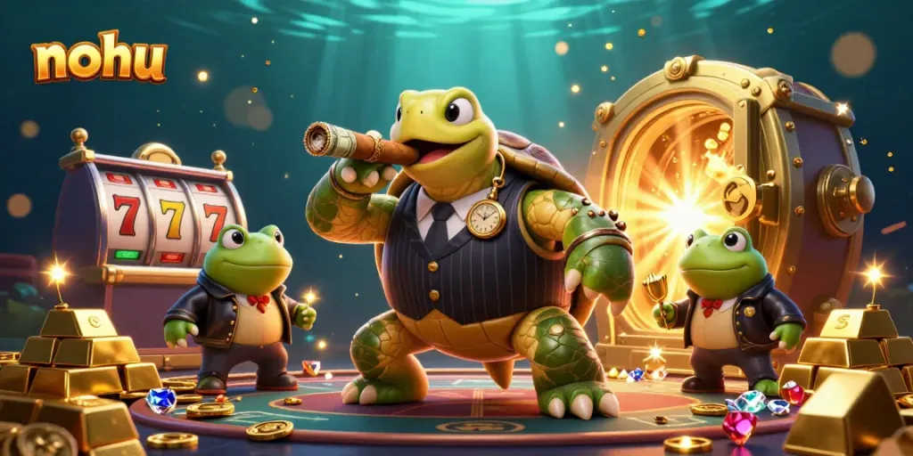 NoHu slot game excitement with a snapping turtle mobster and bullfrogs in a vibrant casino.