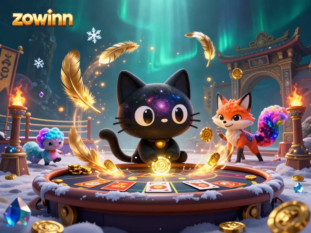 Zowinn casino scene with a black hole cat and nebula fox engaging in high-stakes gaming
