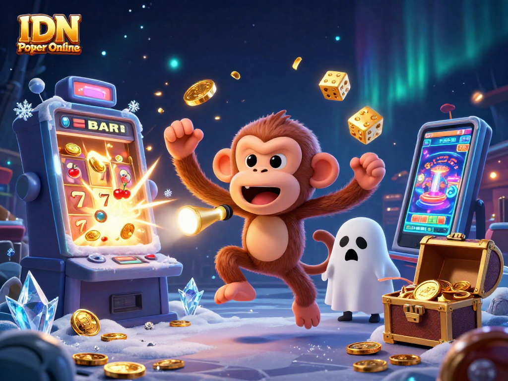 IDN Poker Online showcases vibrant 3D casino action with a monkey and puppy in a dynamic scene.