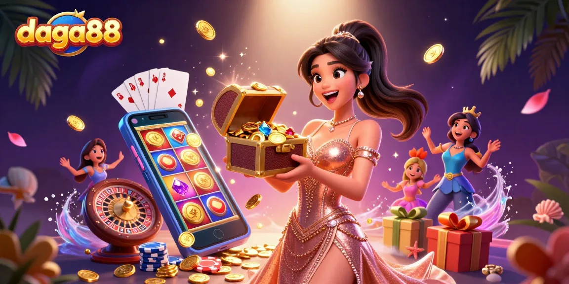 Dive into the action with daga88 as a joyful Asian woman presents a treasure chest of winnings amid casino excitement.