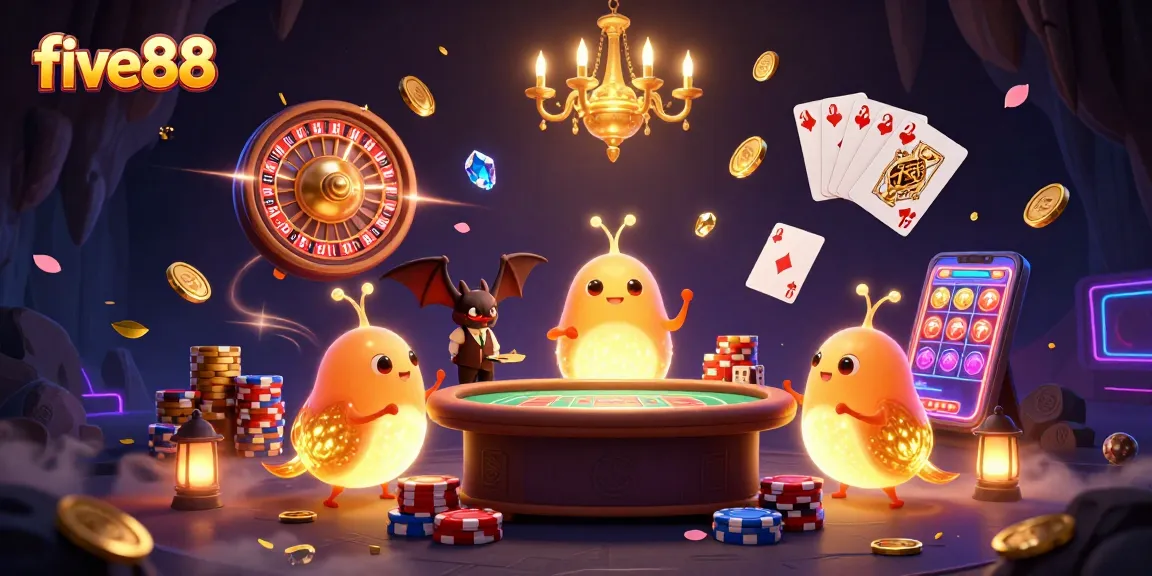 Experience the excitement of five88 in a vibrant casino scene with glowworms and a bat dealer.