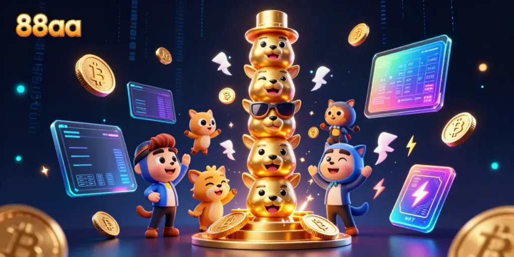 Experience the vibrant world of 88aa with a dynamic 3D casino illustration full of animated characters and crypto elements.