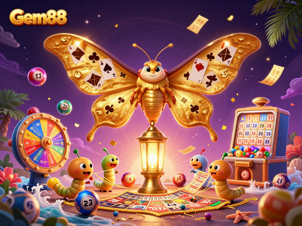Engage with Gem88's vibrant casino scene featuring a dynamic illustration of lottery elements and a majestic moth.