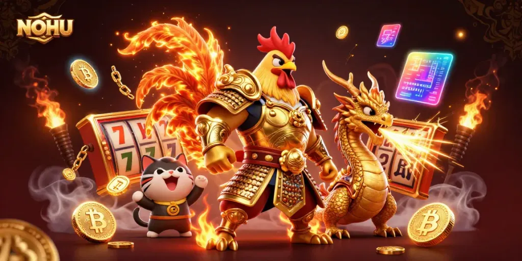 Spin and win at NOHU's vibrant online casino with exciting 3D characters and slot elements.