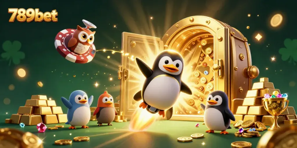 Experience thrilling gaming with 789bet's rocket-powered penguin and vibrant casino elements.