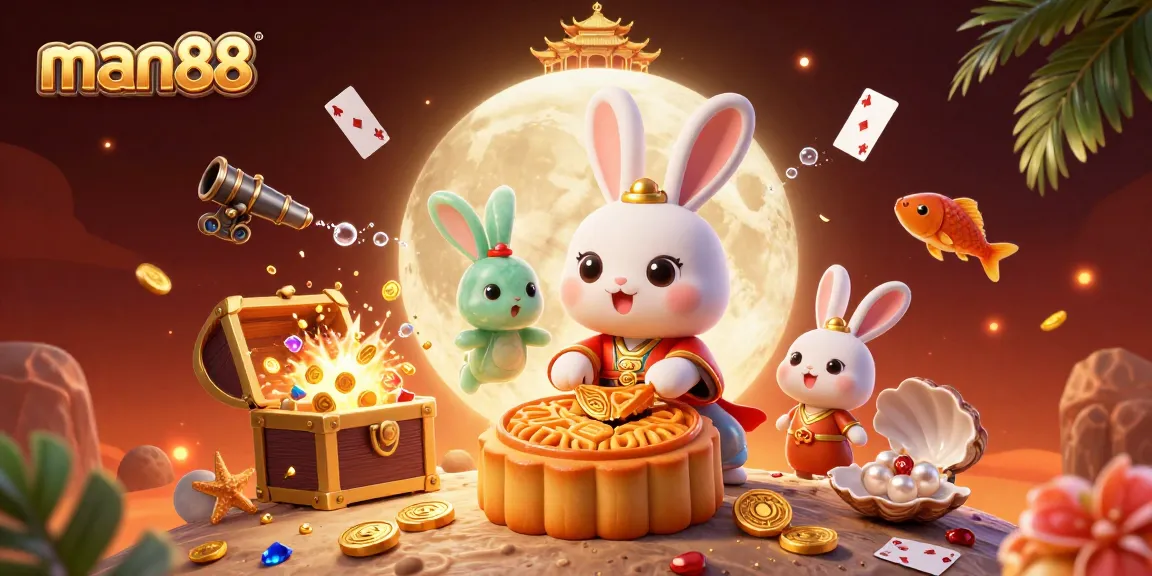 Experience man88 excitement with a playful moon rabbit revealing poker chips in a vibrant casino scene.