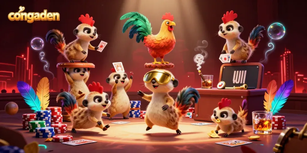 Experience live cockfighting action with congaden's vibrant illustration of meerkats in a dynamic casino setting.
