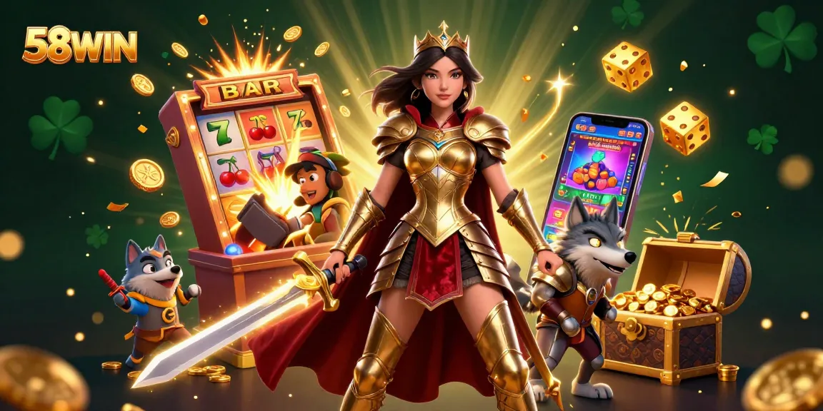 Experience thrilling gameplay at 58WIN with a majestic warrior and dynamic casino elements.