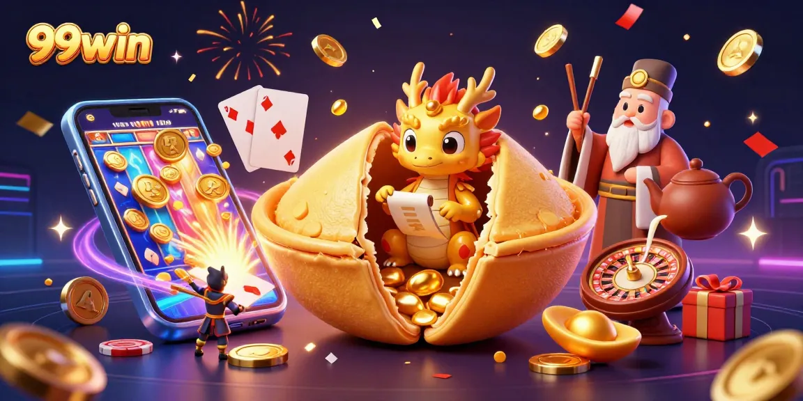 Engage with the 99win scene featuring a golden fortune cookie, dragon, and slot game excitement.