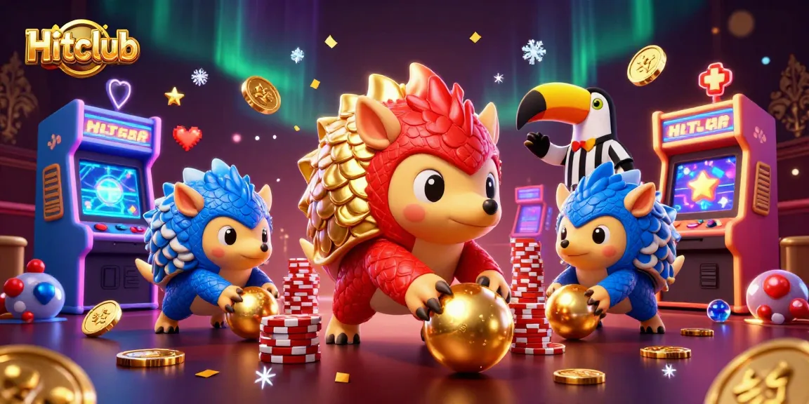 Win with Hitclub by bowling through stacks of poker chips surrounded by vibrant 3D game elements.