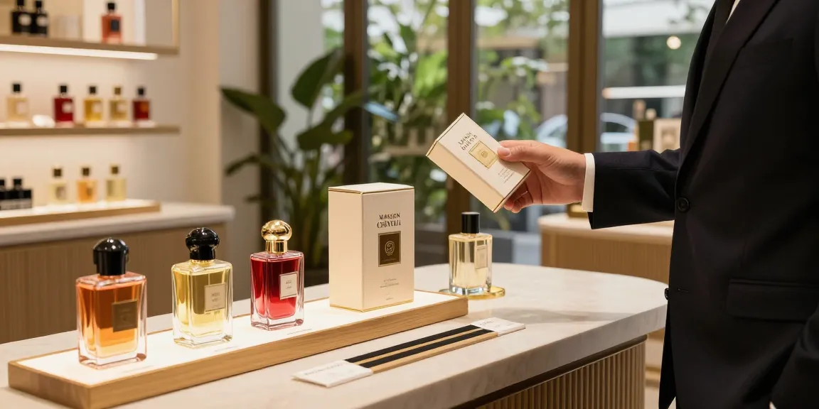 A person exploring Maison Crivelli fragrances in a chic boutique, surrounded by elegant perfume bottles and lush greenery.