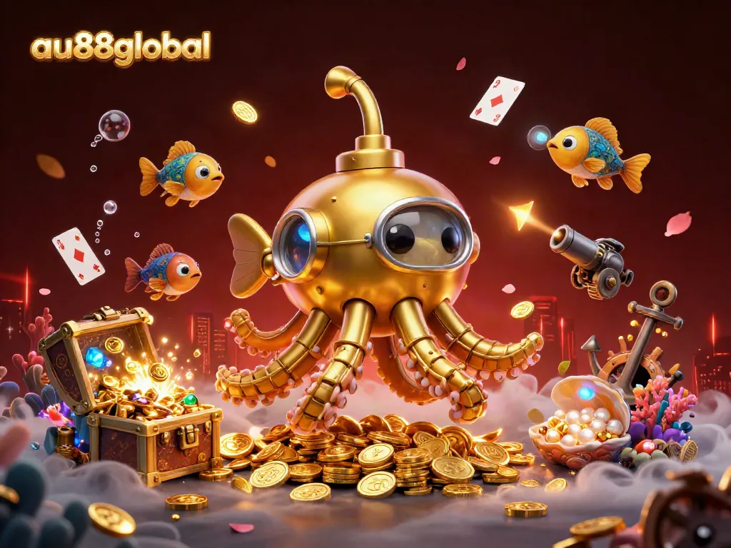 Experience rich gaming visuals with au88global's golden kraken submarine in a treasure-filled sea