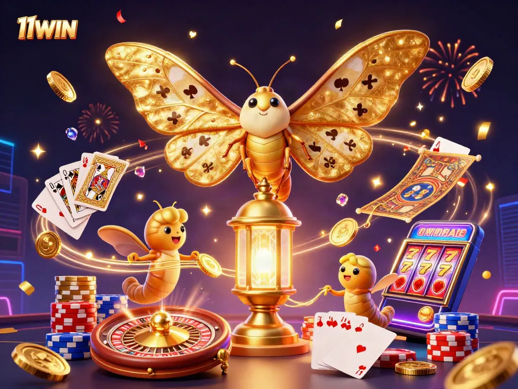 Win big at 11WIN with vibrant casino scenes featuring a majestic moth and golden game elements.