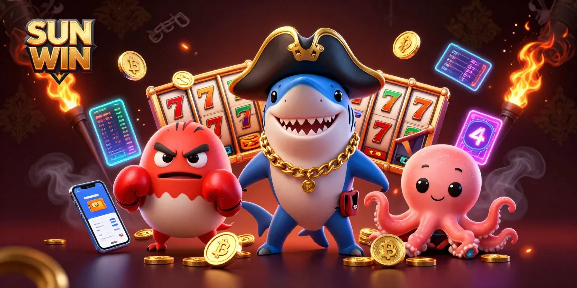 Engage in exciting slot gameplay with SUN WIN featuring fun characters like a pirate shark, pufferfish, and octopus.