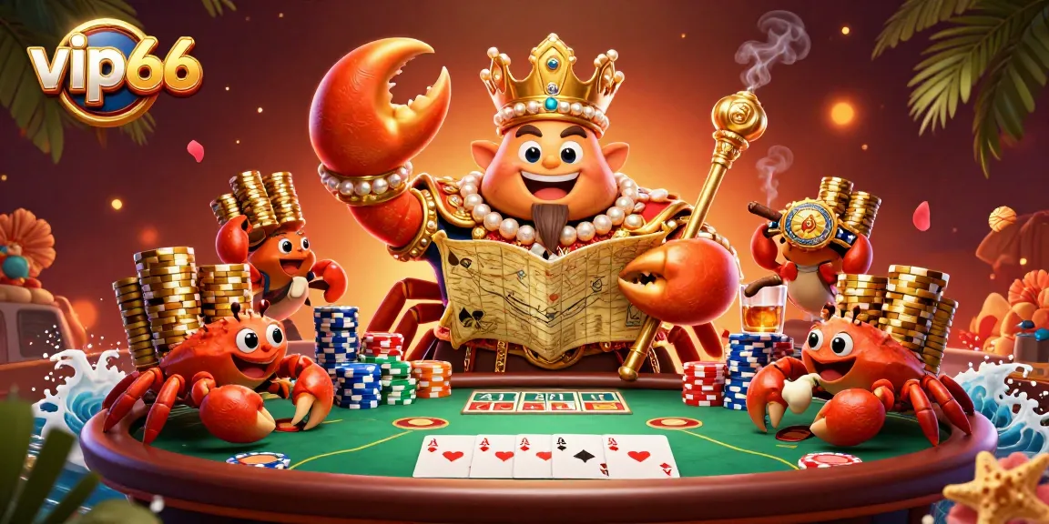 Experience vip66 with a vibrant scene of a golden crab emperor at a poker table