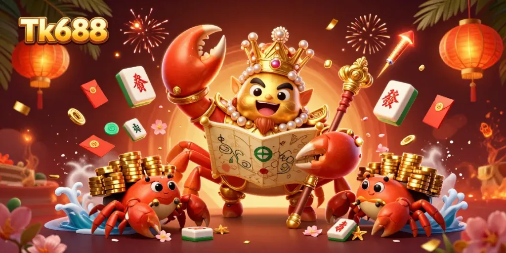 Engage with Tk688 in this vibrant casino-themed illustration featuring a golden crab emperor and treasures.