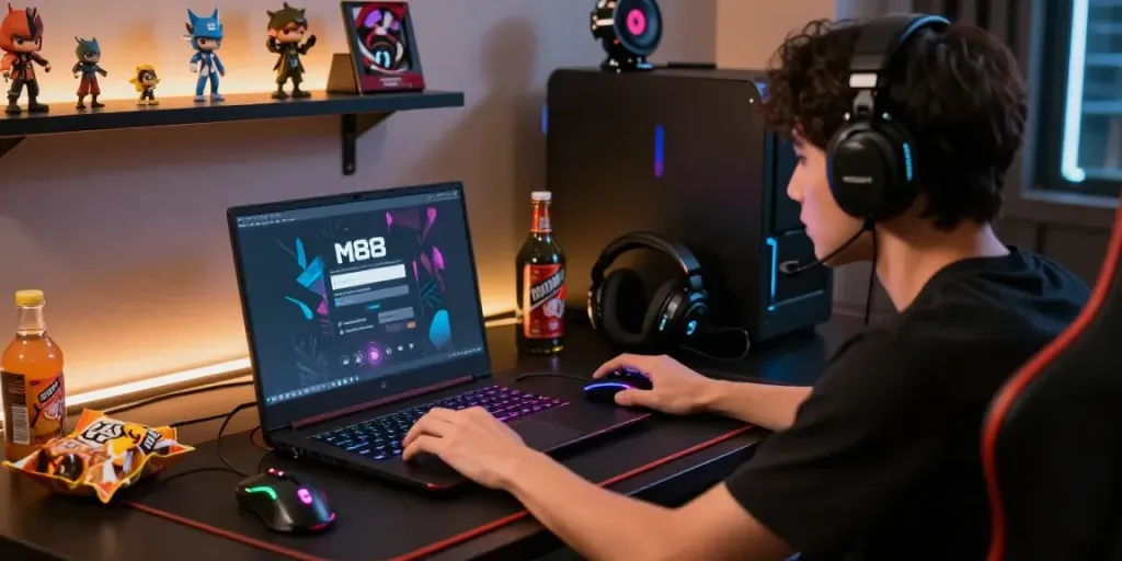 M88 Login alternatif gaming setup with vibrant laptop screen, snacks, and dynamic atmosphere.