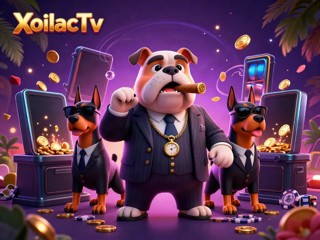 XoilacTv showcases exhilarating gaming with a bulldog mafia boss in a vibrant 3D illustration filled with casino elements.
