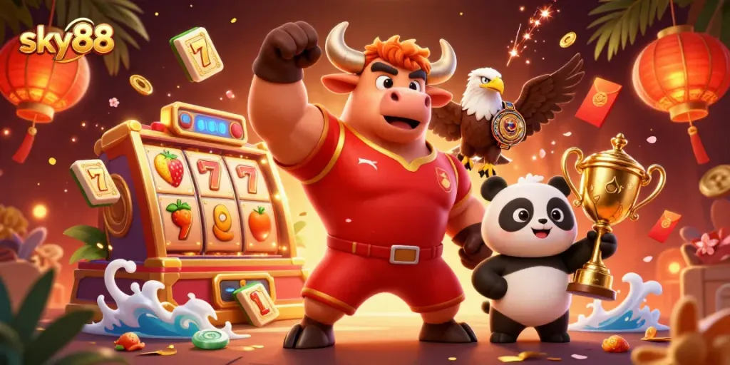 Experience thrilling gameplay at sky88 with a triumphant mascot, dynamic elements, and exciting casino games.