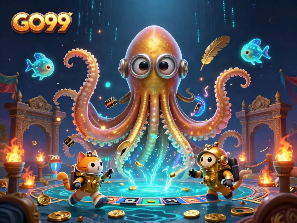 Experience exciting slot gaming with GO99's vibrant underwater scene featuring a kraken and diving cat.