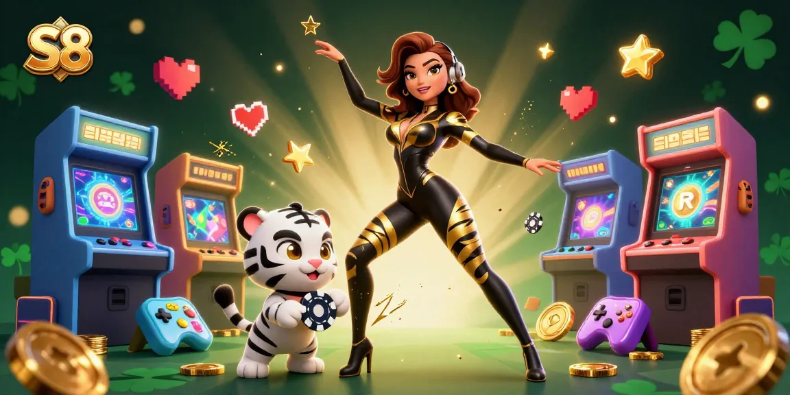 S8 casino scene featuring a woman in a catsuit and a playful tiger amidst vibrant gaming elements.