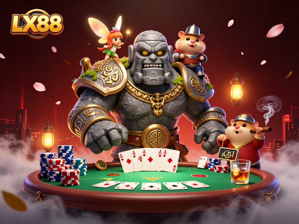 Experience exciting gameplay with LX88, featuring a lively 3D casino scene full of poker elements and magical companions.