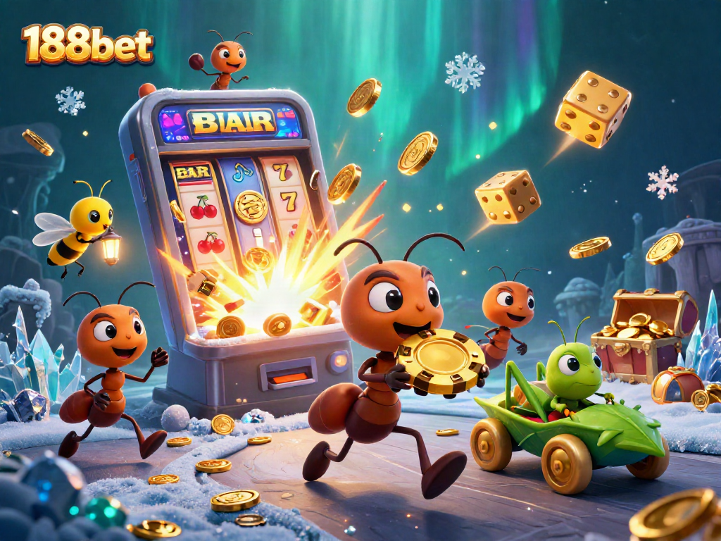 Join the 188bet gaming heist with ants carrying a giant poker chip amidst a vibrant casino scene.