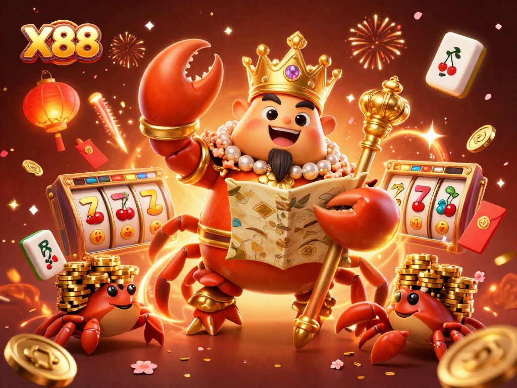 X88 unlocks massive winnings with a golden crab emperor leading the adventure in vibrant casino excitement.