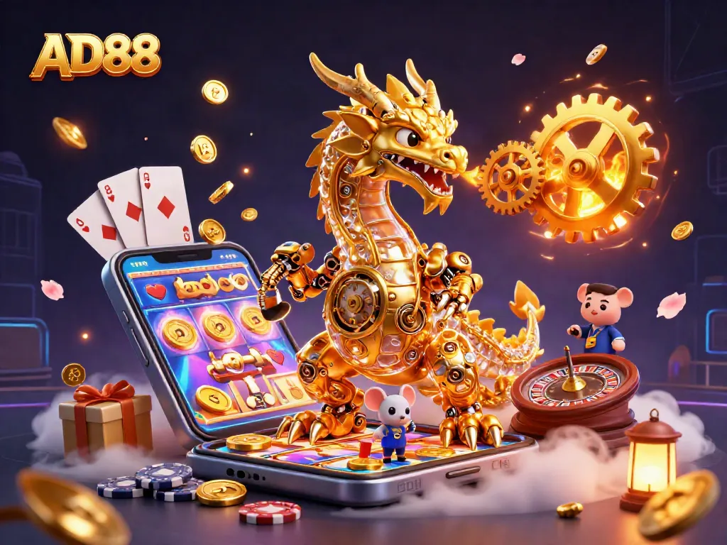 Experience thrilling action with AD88 in this 3D casino scene featuring a golden dragon and slot games.