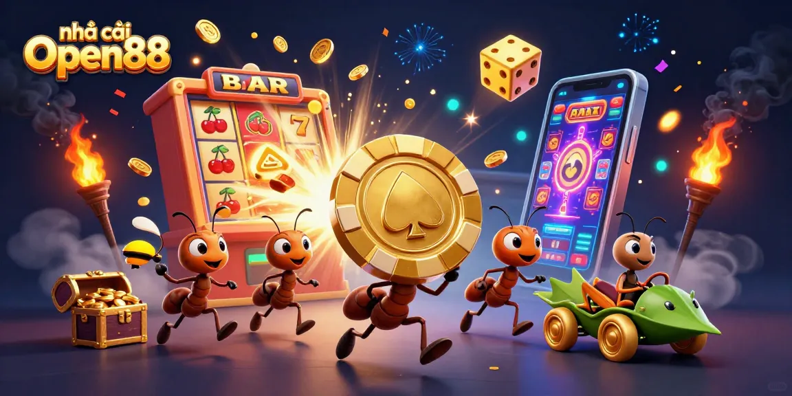 Catch the action at nhà cái Open88 with a team of cartoon ants stealing a giant poker chip!