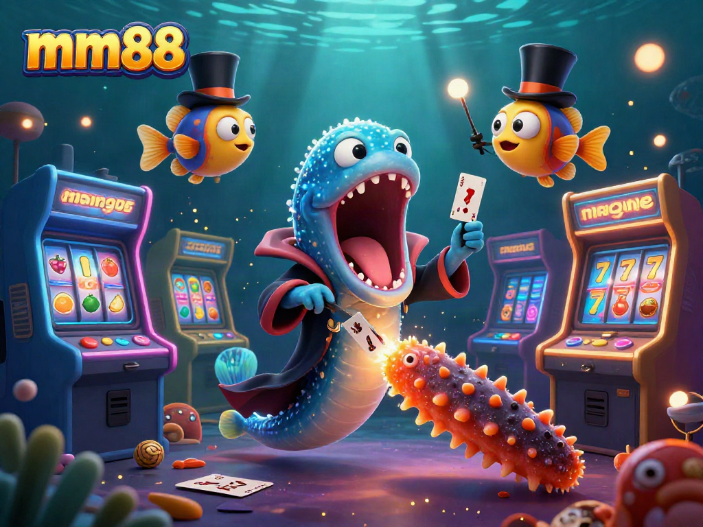 Experience the mm88 thrill as a gulper eel performs magic tricks amidst casino elements.