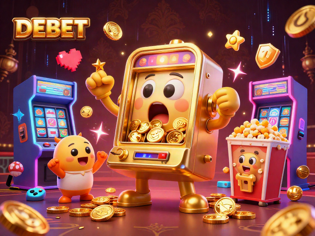 DEBET jackpot scene with a golden slot machine amazed by coins pouring out in a vibrant casino setting.
