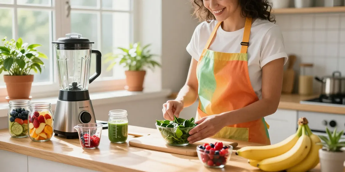 A colorful kitchen scene featuring the 21 Day Smoothie Diet Plan ingredients being prepared by a nutritionist.