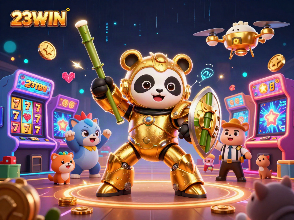 Engage with 23WIN's exciting casino atmosphere featuring a mech-suit panda and vibrant gaming elements.