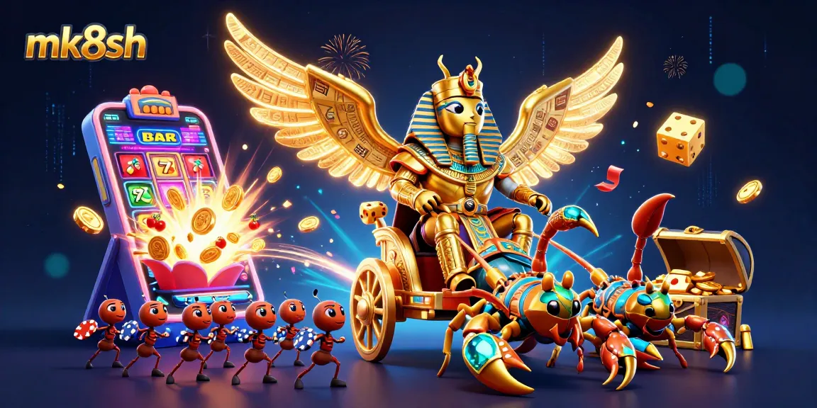 Experience the excitement of mk8sh with a vibrant casino-themed illustration of a golden scarab beetle, jackpots, and poker chips.