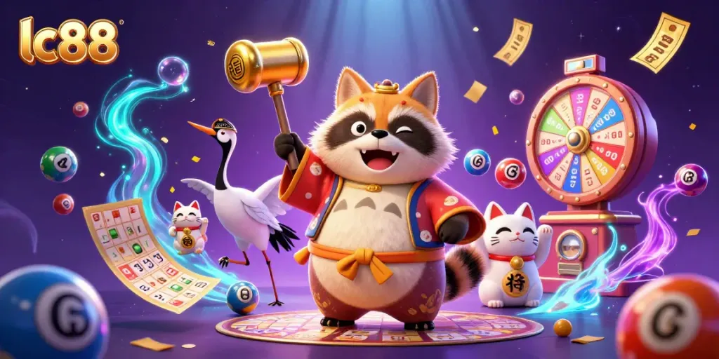 Engage with lc88 by spinning the prize wheel and winning with lottery elements in a colorful casino setting.