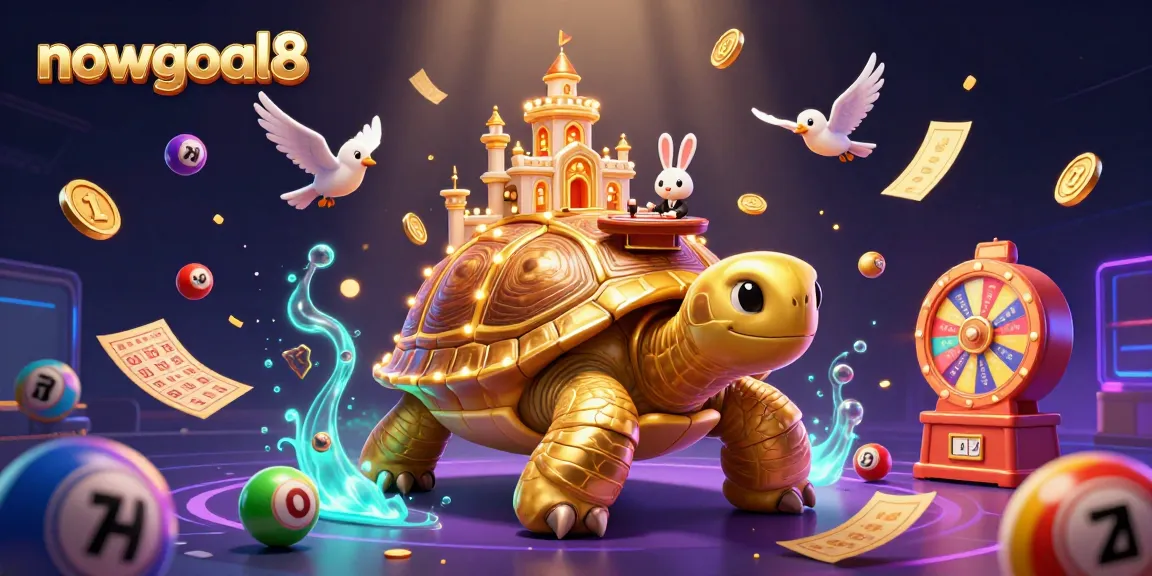 Engage with nowgoal8's dynamic casino scene featuring a golden tortoise casino, excited players, and vibrant gaming elements.