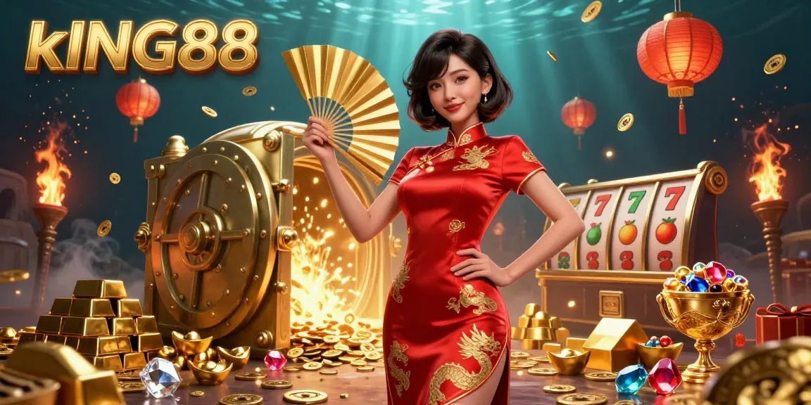 Engage with kING88's vibrant casino experience, surrounded by gold coins and lanterns, featuring slot game elements.