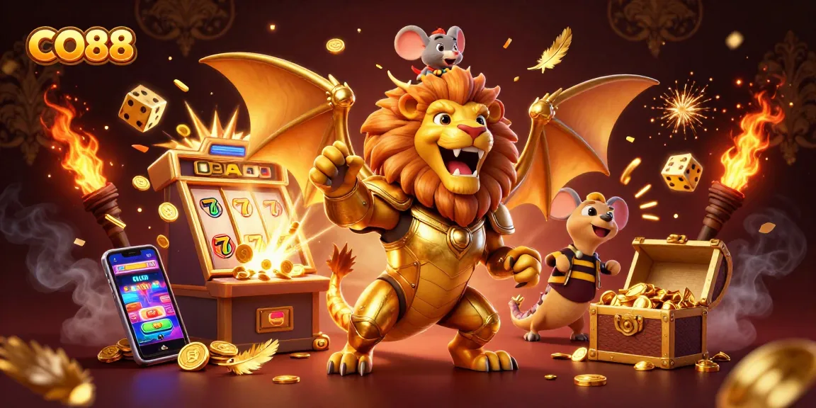 Experience the thrill of CO88 in this vibrant casino scene featuring a majestic chimera character and dynamic game elements.