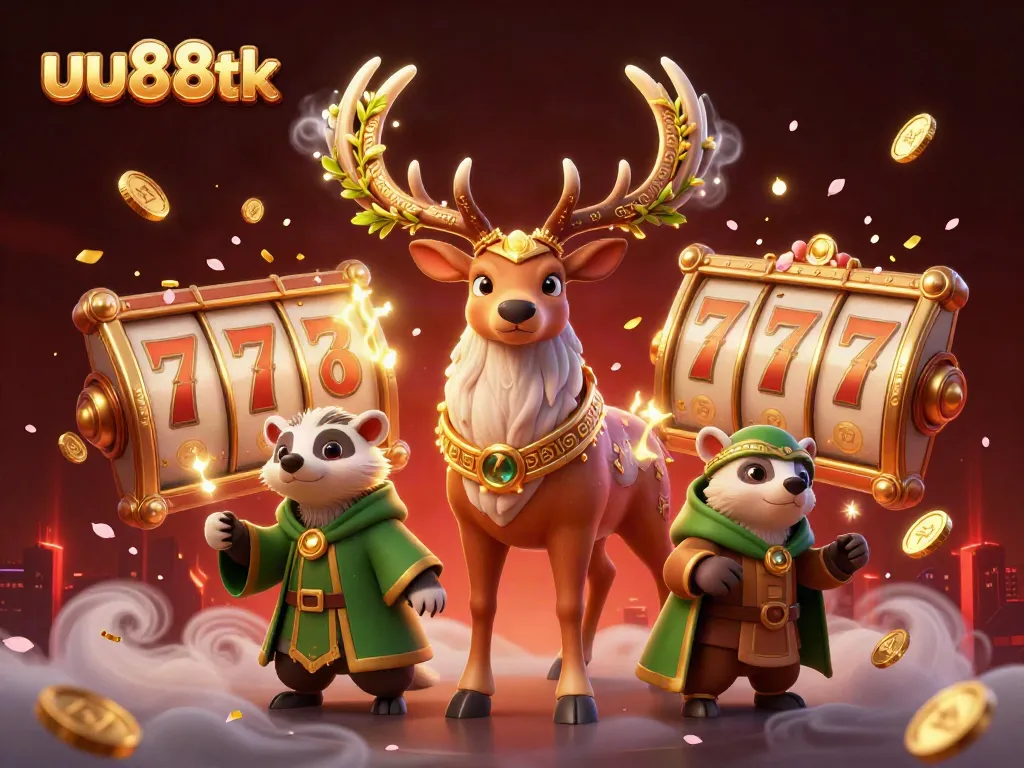 Experience dynamic gaming vibes with uu88tk's vibrant 3D casino illustration featuring lucky symbols.