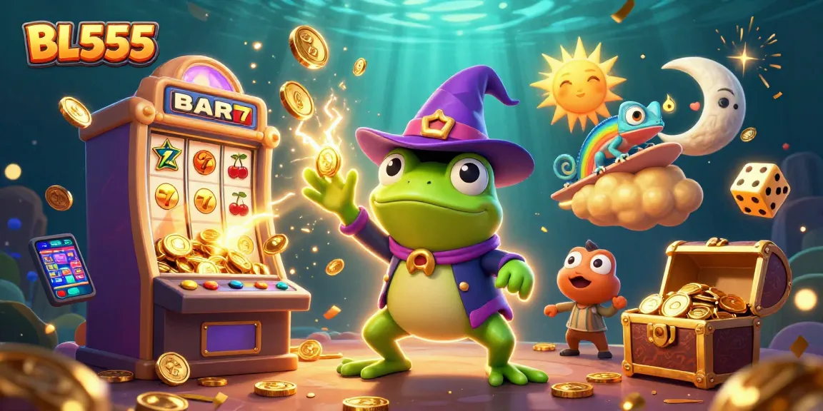 Win big with BL555 as a wizard frog creates a gold storm amid vibrant casino elements.