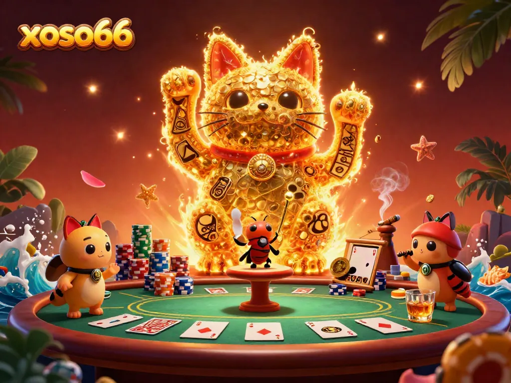 Experience winning moments with xoso66's colorful casino scene featuring a lucky cat