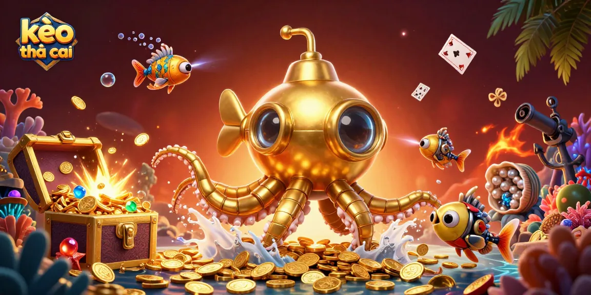 Experience thrilling kèo nhà cái action with a dynamic underwater scene featuring a golden kraken and treasure.