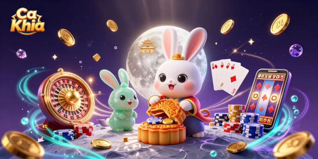 Play poker and win with Ca Khia's vibrant moon rabbit in a dynamic casino scene.