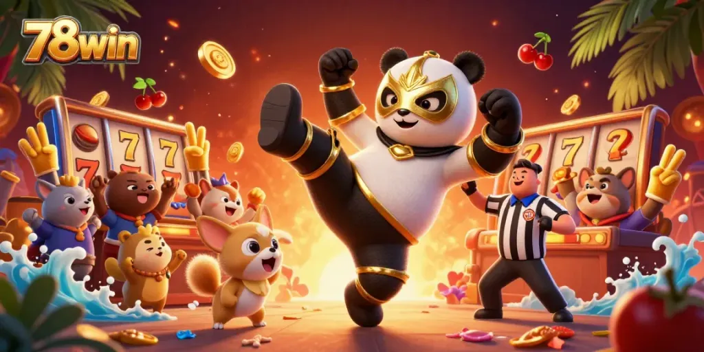 Engage in thrilling gameplay with 78win's vibrant slot scene featuring a panda wrestler