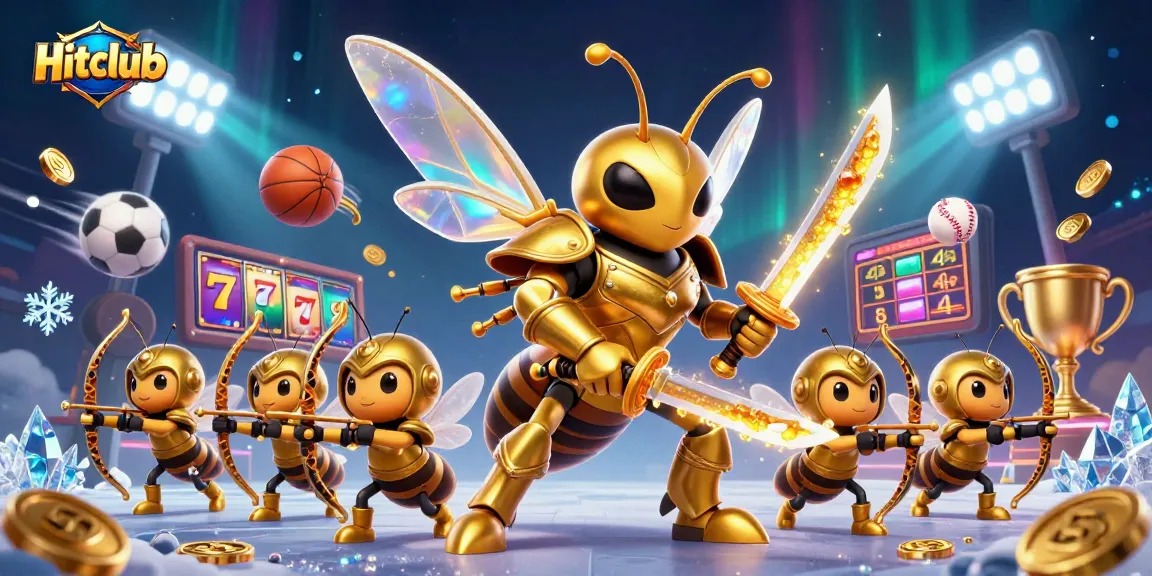 Hitclub unleashes an action-packed 3D casino illustration with golden hornets and vibrant game elements.