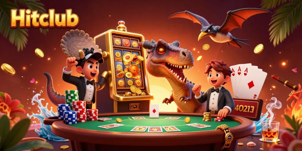 Hitclub game characters celebrate a jackpot with vibrant casino elements and animation.