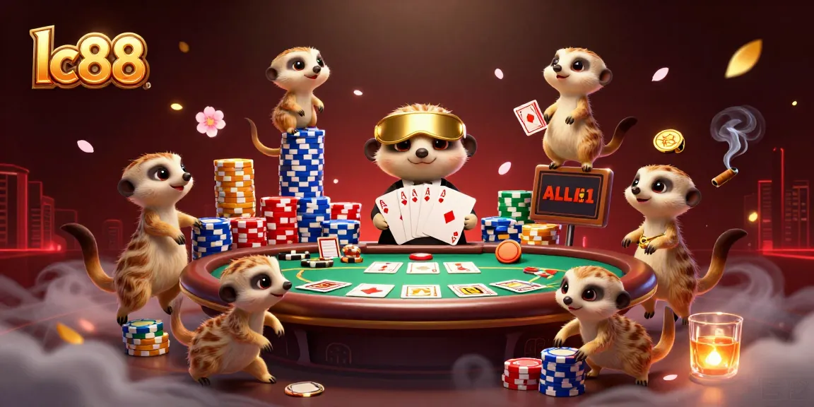 Experience thrilling gaming at lc88 with a lively meerkat casino scene featuring poker chips and dynamic elements.